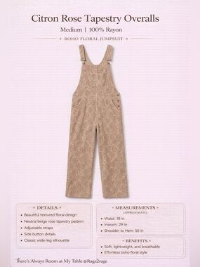 Citron Rose Tapestry Overalls Medium Boho Floral Jumpsuit